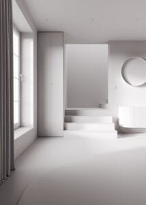 3D clay render of a modern living room with stairs and a round mirror – design phase by Marjoram Studio.